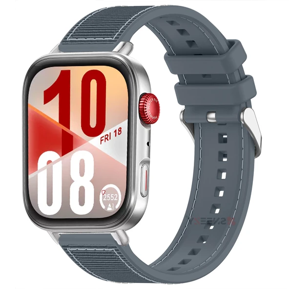 Huawei Watch Fit 4 Fit 4 Pro İle Uyumlu Dikiş Desenli Metal Tokalı Dokuma Silikon Kordon  Gri