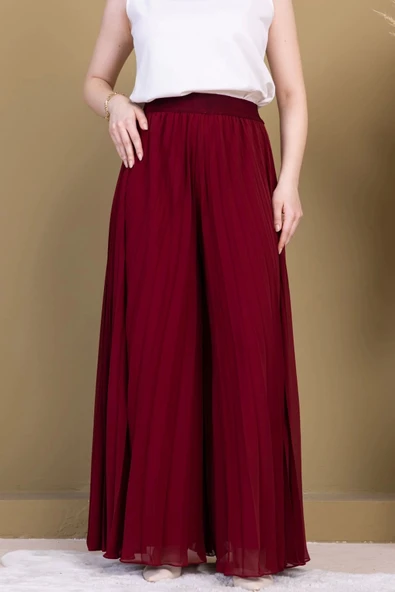 Beli Lastikli Pliseli Şifon Pantolon 6030-Bordo - 2