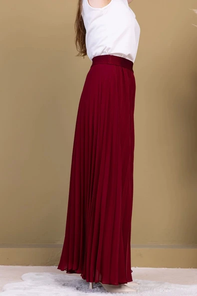 Beli Lastikli Pliseli Şifon Pantolon 6030-Bordo - 5