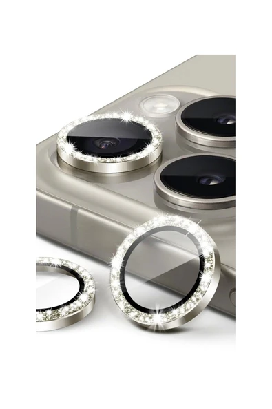 EVAX (TAŞLI LENS) Iphone 16 Pro Max / 16 Pro Uyumlu Natürel Titanyum Taşlı Kamera Lens Koruyucu