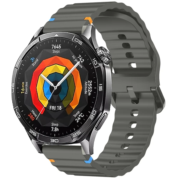Huawei Watch GT2 46 GT2 Pro 46 İle Uyumlu Dalga Desenli Tokalı Yumusaş Soft Silikon Kordon  Koyu Gri