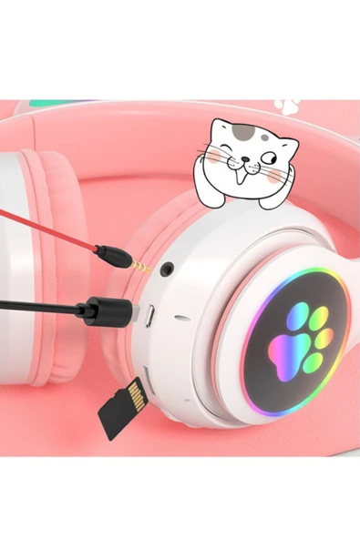 EVAX  CAT Kedili Bluetooth 5.0 Işıklı Kablosuz Mikrofonlu/Aux/Hafıza Kartı/Kılıf/ Kulaküstü Kulaklık - 3