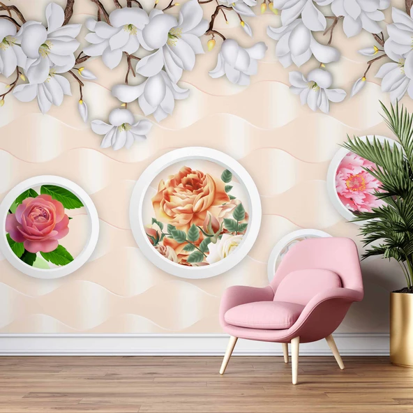 3D Halka ve Pembe Çiçek Duvar Kağıdı Baskı - Resim 6