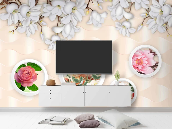 3D Halka ve Pembe Çiçek Duvar Kağıdı Baskı - Resim 3