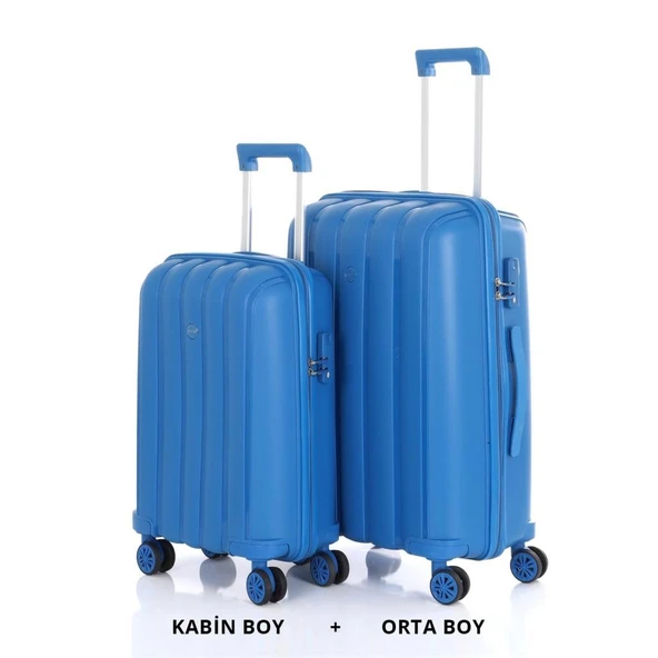 MÇS Bavul Orta ve Kabin 2li Set Kırılmaz Silikon Valiz V305 SaksMavi