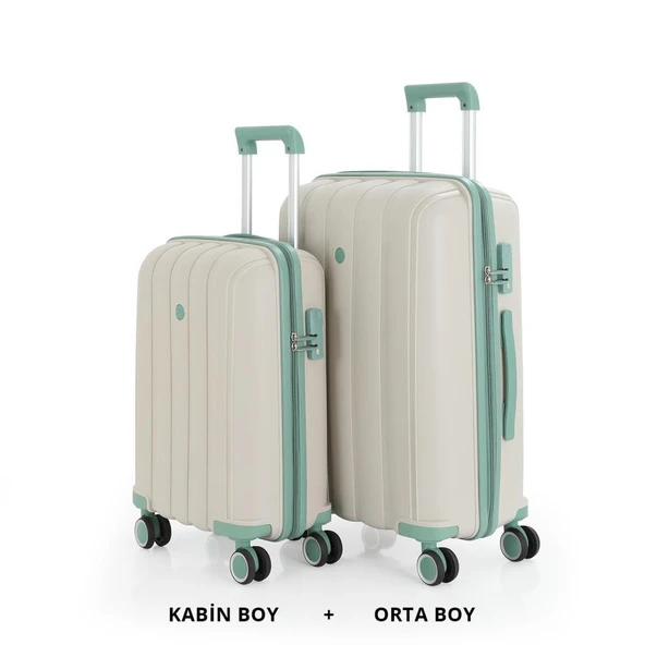MÇS Bavul Orta ve Kabin 2li Set Kırılmaz Silikon Valiz V305 Kemik/SuYeşili