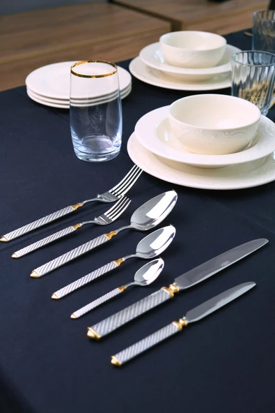 Lugga Linda Gold Çatal Kaşık Bıçak Takımı 12 Kişilik 84 Parça