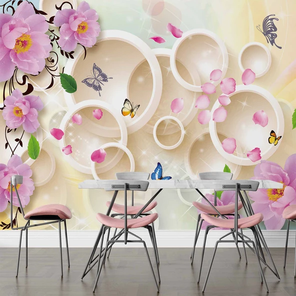 3D Halka, Kelebek ve Pembe Çiçek Duvar Kağıdı Baskı - Resim 5