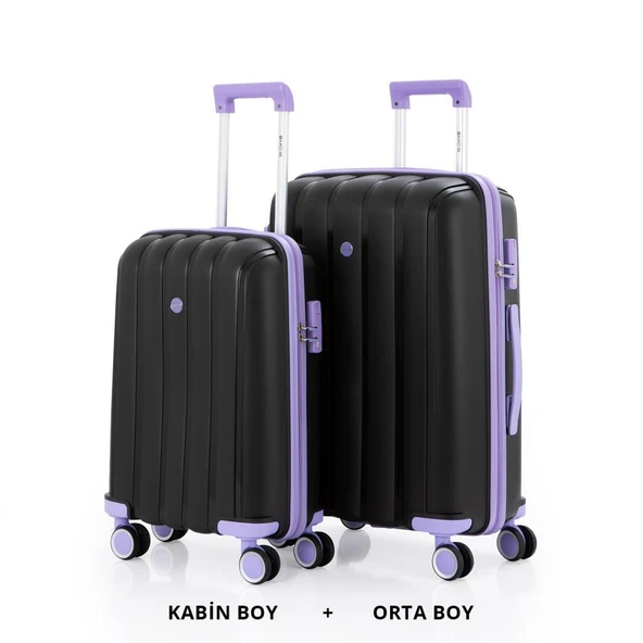 MÇS Bavul Orta ve Kabin 2li Set Kırılmaz Silikon Valiz V305 Siyah/Lila