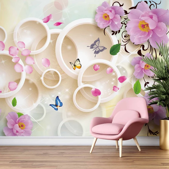 3D Halka, Kelebek ve Pembe Çiçek Duvar Kağıdı Baskı - Resim 6
