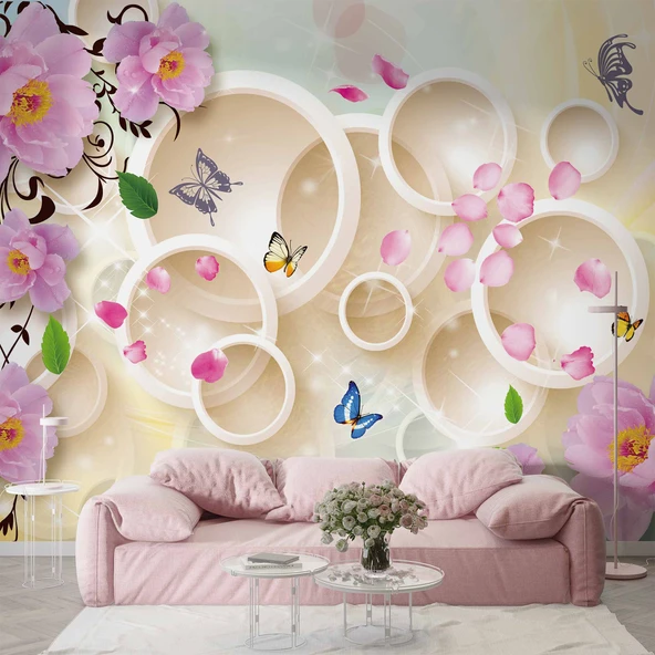 3D Halka, Kelebek ve Pembe Çiçek Duvar Kağıdı Baskı ürün görseli