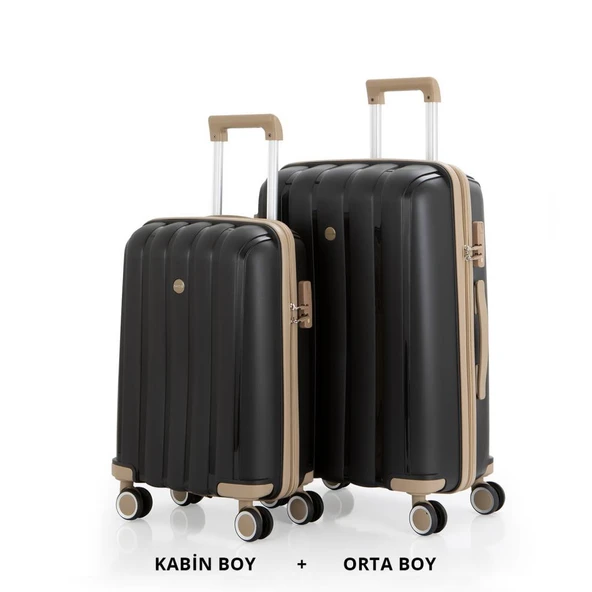MÇS Bavul Orta ve Kabin 2li Set Kırılmaz Silikon Valiz V305 Siyah/Şampanya ürün görseli