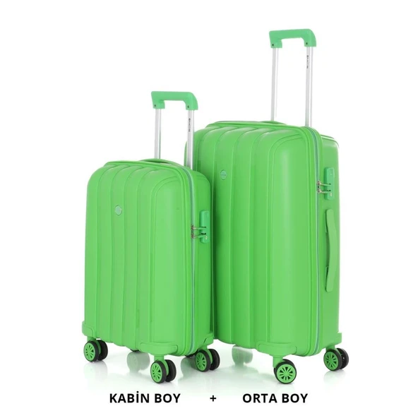 MÇS Bavul Orta ve Kabin 2li Set Kırılmaz Silikon Valiz V305 FıstıkYeşil