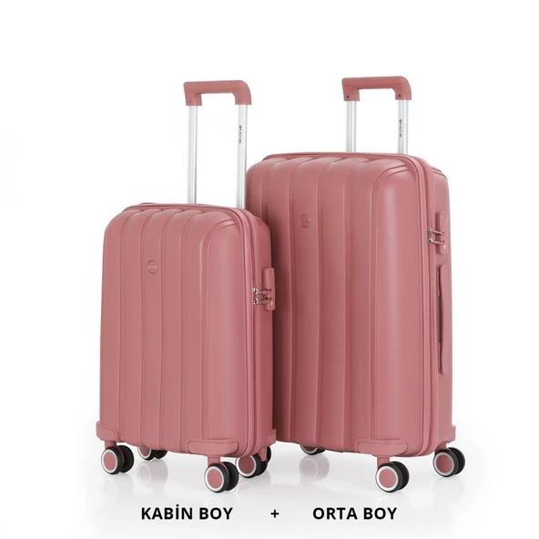 MÇS Bavul Orta ve Kabin 2li Set Kırılmaz Silikon Valiz V305 KoyuPudra