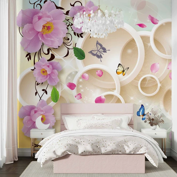 3D Halka, Kelebek ve Pembe Çiçek Duvar Kağıdı Baskı - Resim 2