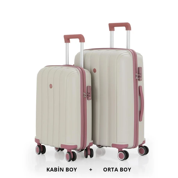 MÇS Bavul Orta ve Kabin 2li Set Kırılmaz Silikon Valiz V305 Kemik/KoyuPudra