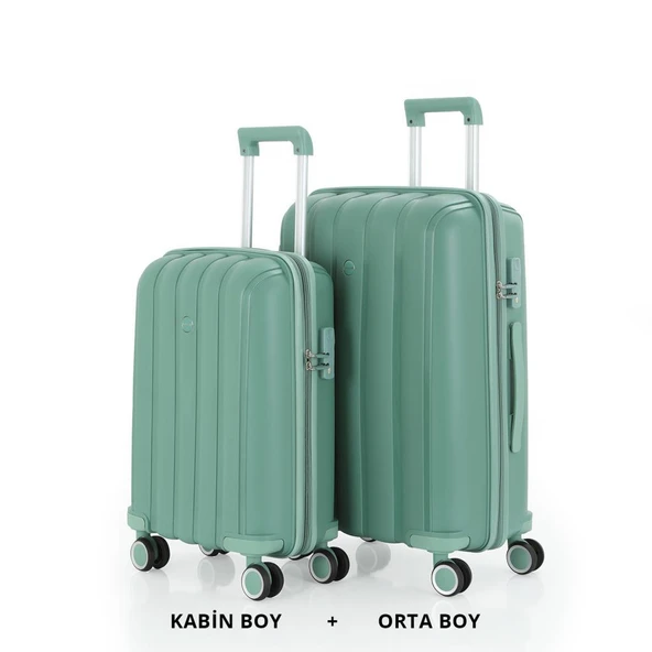 MÇS Bavul Orta ve Kabin 2li Set Kırılmaz Silikon Valiz V305 SuYeşili