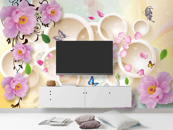 3D Halka, Kelebek ve Pembe Çiçek Duvar Kağıdı Baskı - Resim 3