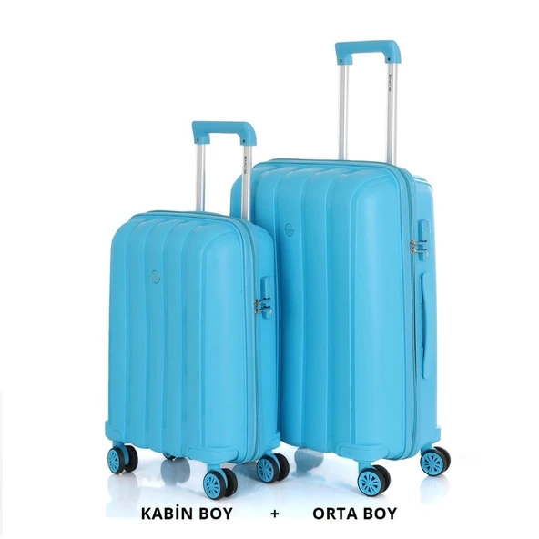 MÇS Bavul Orta ve Kabin 2li Set Kırılmaz Silikon Valiz V305 AçıkMavi