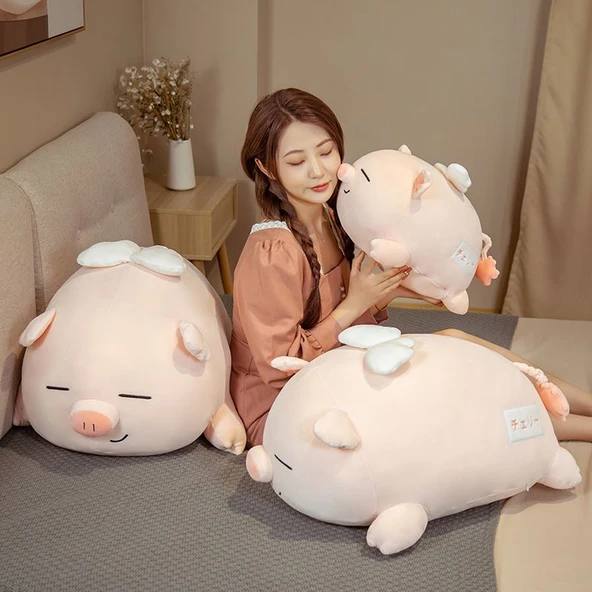 Sevimli Melek Sakura Domuz Peluş Oyuncak - Sakura Pembe - 40cm - 4