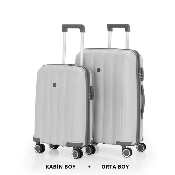 MÇS Bavul Orta ve Kabin 2li Set Kırılmaz Silikon Valiz V305 Kemik/Gri ürün görseli