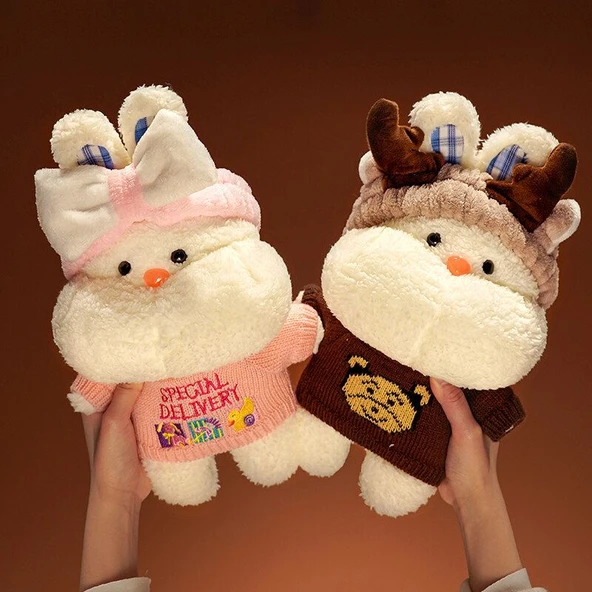 35cm Peluş Tavşan Bebek - Yeşil Elbiseli, Gözlüklü, Çilek Çantalı - 11