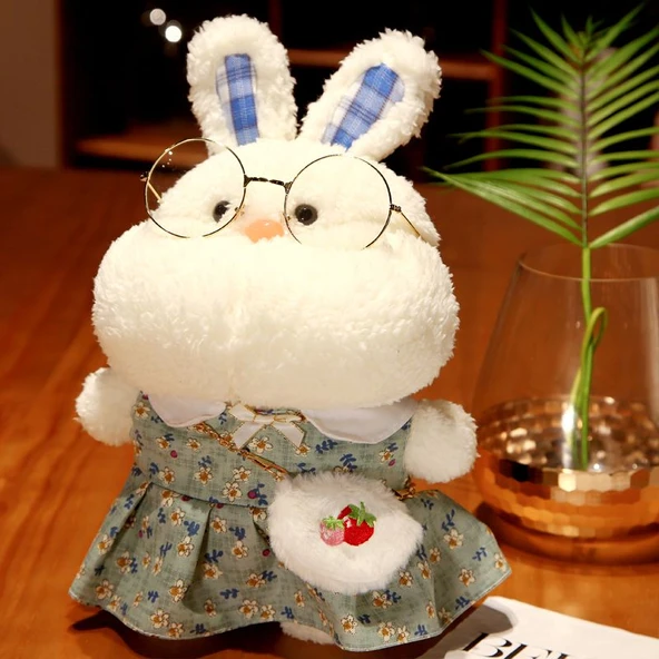 35cm Peluş Tavşan Bebek - Yeşil Elbiseli, Gözlüklü, Çilek Çantalı