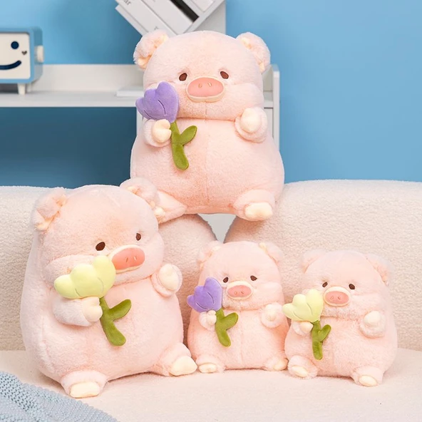 Lale Desenli Domuz Peluş Oyuncak - Mor Çiçek, 30cm - 2