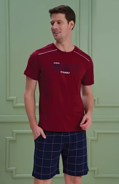 Erkek Yazılı Kısa Kollu Şortlu Pijama Takım - 1204 - OVR - SLP