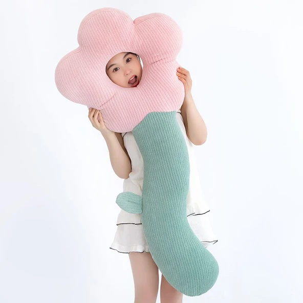 Çiçek Tasarımlı Uzun Peluş Yastık - Kahve 80cm - 7