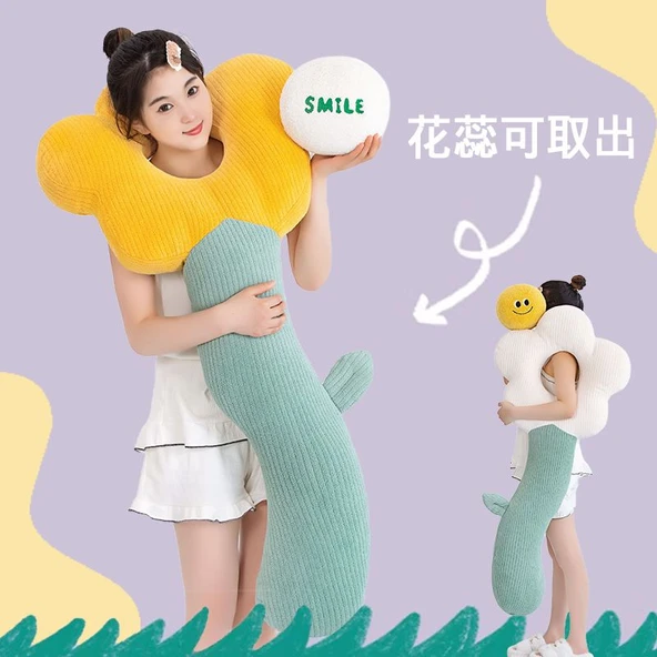 Çiçek Tasarımlı Uzun Peluş Yastık - Kahve 80cm - 2