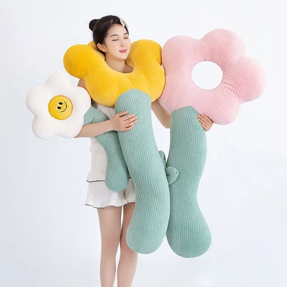 Çiçek Tasarımlı Uzun Peluş Yastık - Kahve 80cm - 9