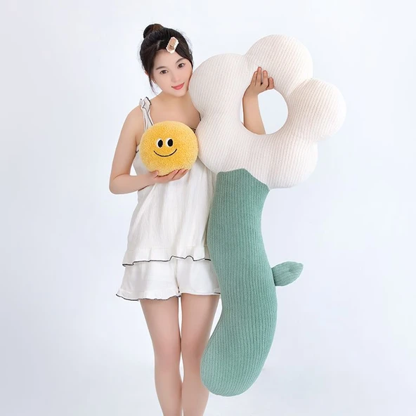 Çiçek Tasarımlı Uzun Peluş Yastık - Kahve 80cm - 10