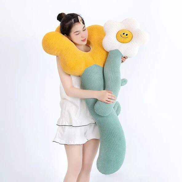 Çiçek Tasarımlı Uzun Peluş Yastık - Kahve 80cm - 12