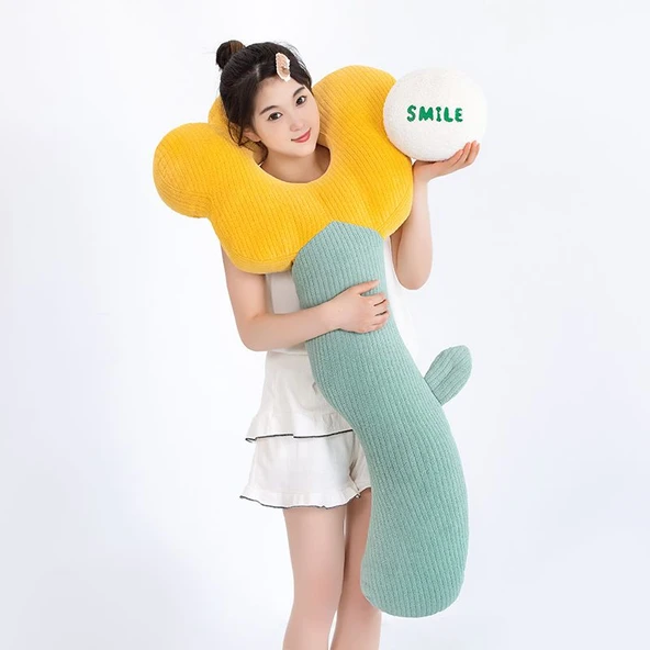 Çiçek Tasarımlı Uzun Peluş Yastık - Kahve 80cm - 6