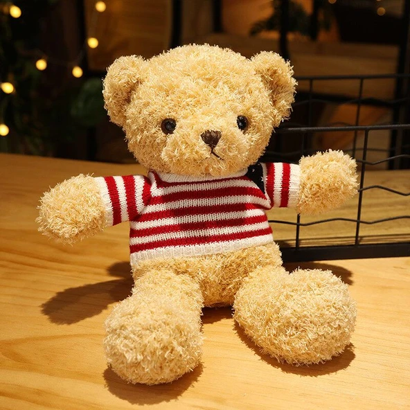 Işıklı Hediye Kutulu Peluş Oyuncak Ayı - Açık Kahverengi Ayı Çizgili Kazaklı - 50cm