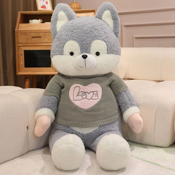 Sevimli Husky Köpek Peluş Oyuncak - Gri - 60cm
