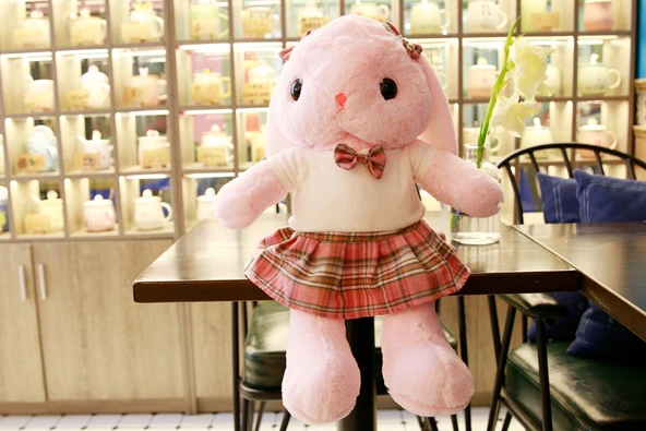 JK Tarzı Elbiseli Tavşan Peluş Oyuncak - Pembe Tavşan - Pembe Elbise - 105cm