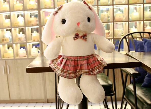 JK Tarzı Elbiseli Tavşan Peluş Oyuncak - Haki Tavşan - Yeşil Elbise - 75cm - 4