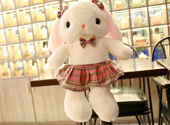 JK Tarzı Elbiseli Tavşan Peluş Oyuncak - Haki Tavşan - Yeşil Elbise - 105cm - 5