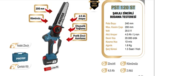 Proter PST 120 ST Şarjlı Kömürsüz Akülü Dal Budama Testeresi 20V 4.0Ah 2 Batarya