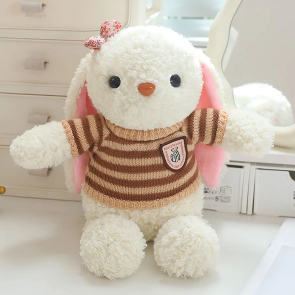 Peluş Tavşan Oyuncak - Açık Kahverengi Kahverengi Çizgili Kazaklı 35cm - 12