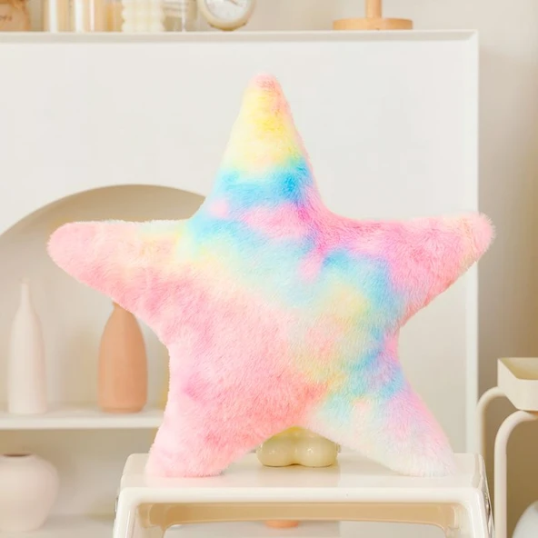 Yıldız Şekilli Renkli Pembe Peluş Yastık - 45cm