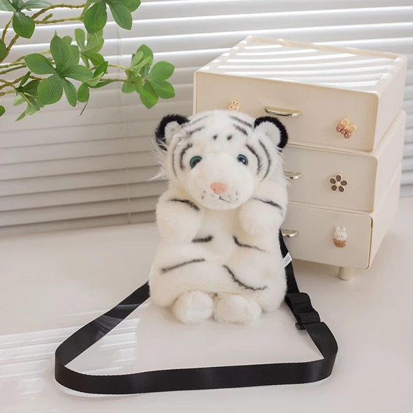 Hayvan Figürlü Peluş Çanta - Beyaz Kaplan - 30cm