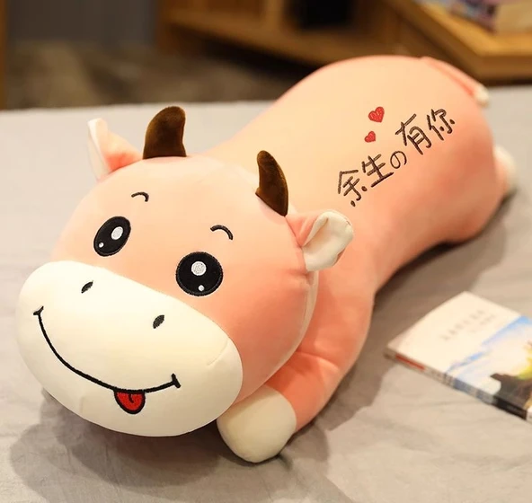 Yatan İnek Peluş Yastık - Pembe Yuvarlak Gözlü - 90cm