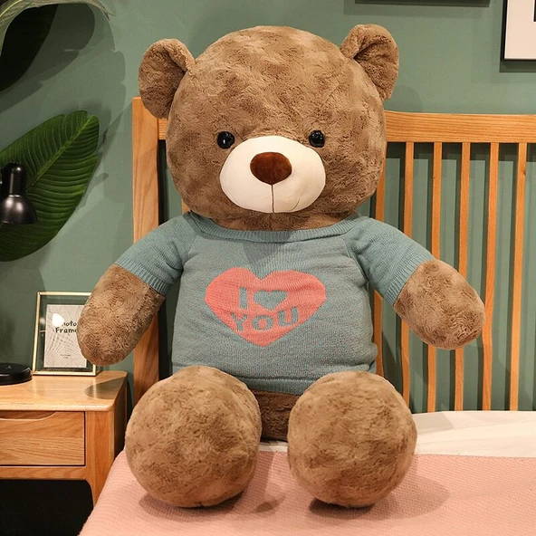 Kazaklı Peluş Oyuncak Ayı - Koyu Kahverengi - Mavi Giysili - 160cm