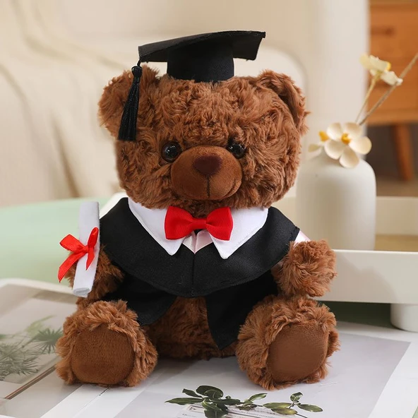 25cm Peluş Oyuncak Ayı - Koyu Kahverengi - Kırmızı Giysili - 5
