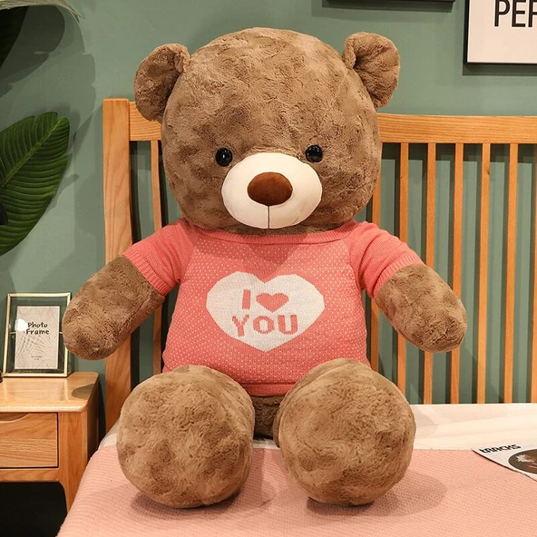 Kazaklı Peluş Oyuncak Ayı - Koyu Kahverengi - Pembe Giysili - 160cm