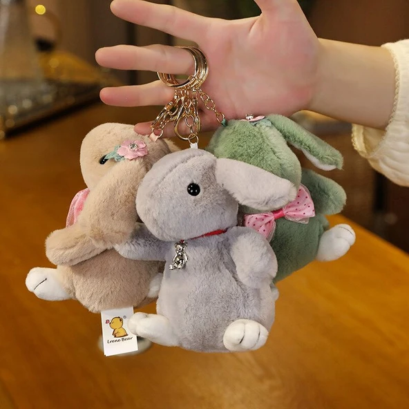 Sevimli Tavşan Peluş Anahtarlık - Çiçek Desenli Açık Kahverengi - 12cm - 6