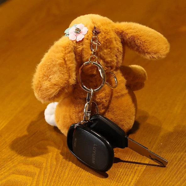 Sevimli Tavşan Peluş Anahtarlık - Çiçek Desenli Yeşil - 12cm - 12